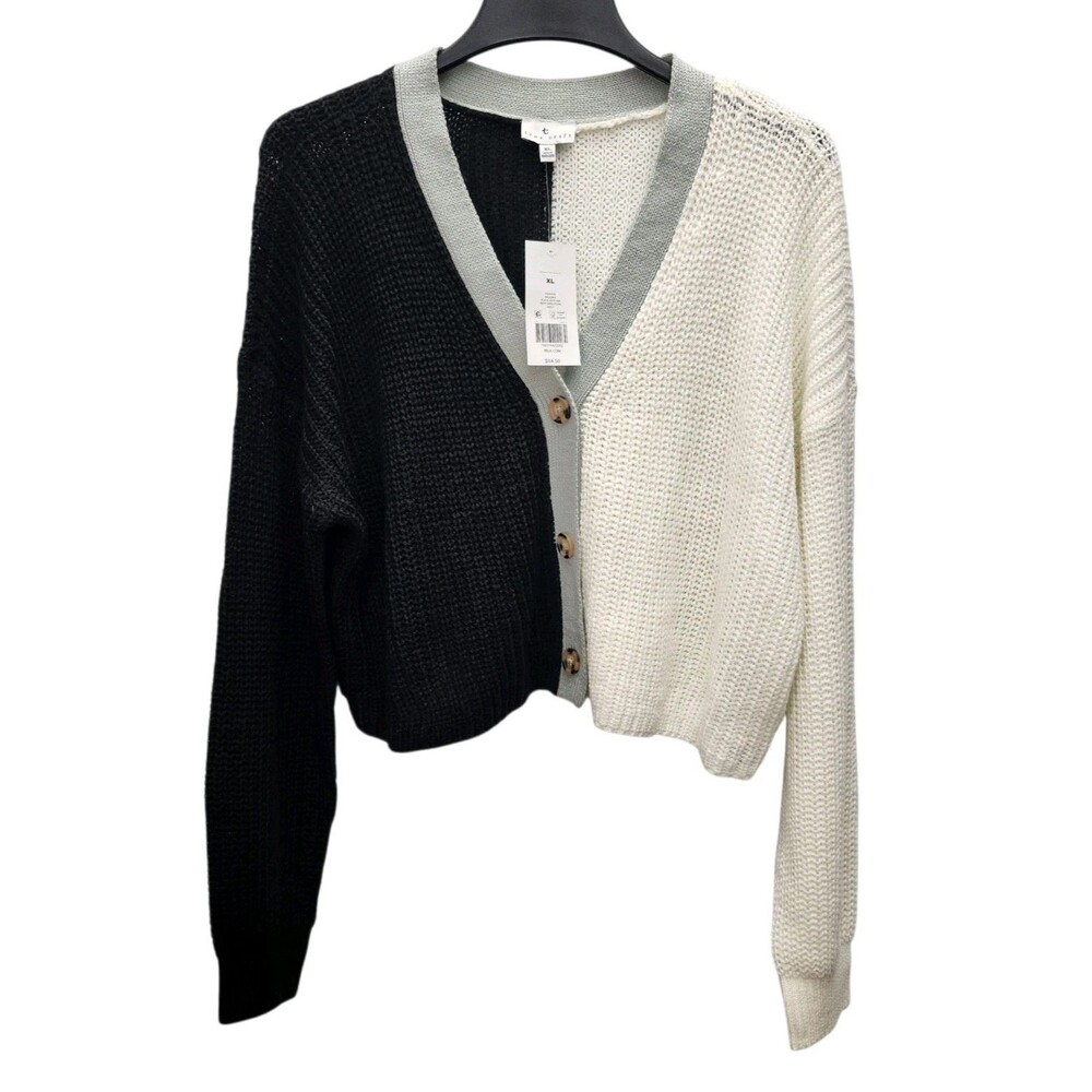 True Craft Cropped Cardigan Knit Sweater Womens XL Black White Two Toned V-Neck